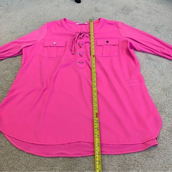 NYGARD neon pink roll tab long sleeve lace-up blouse Sz L - Picture 7 of 9